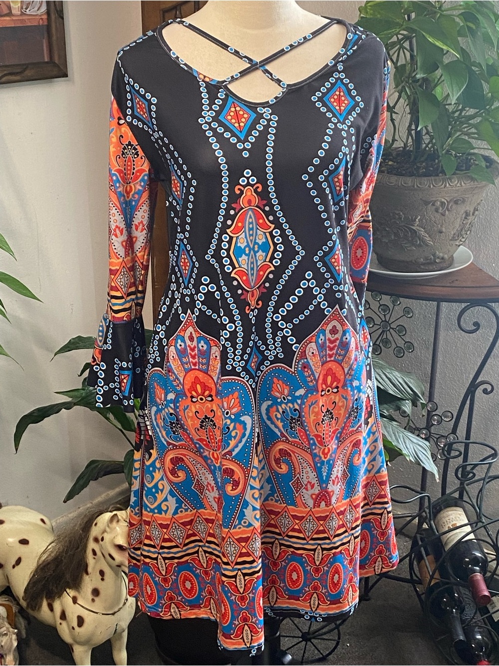 Source Unknown Black Multicolor Crisscross Neckline Tunic Dress
